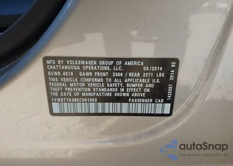 2014 Volkswagen Passat 1.8T Se from USA, damaged, VIN 1VWBT7A38EC091653